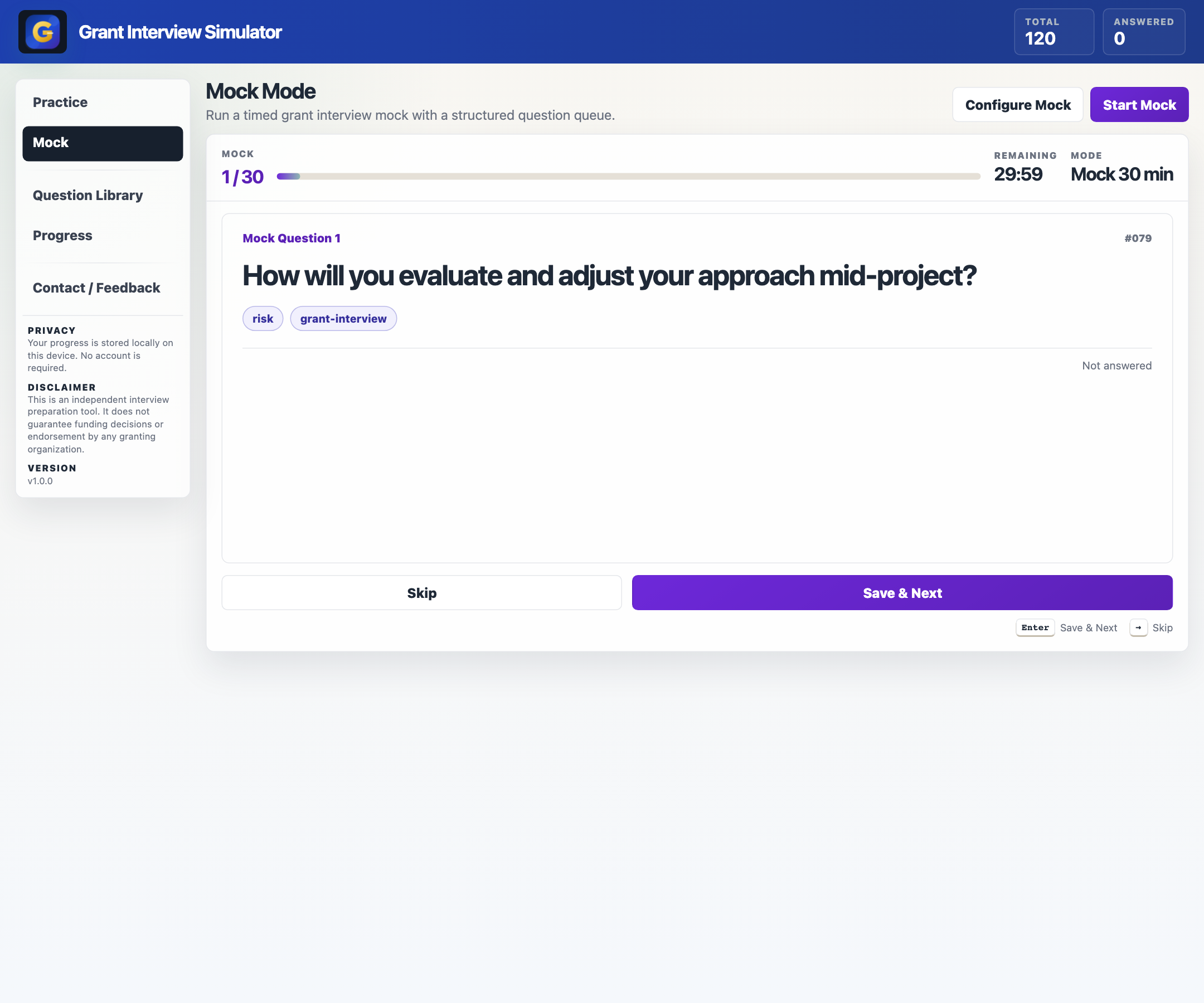 Grant Interview Simulator mock view showing structured timed practice.