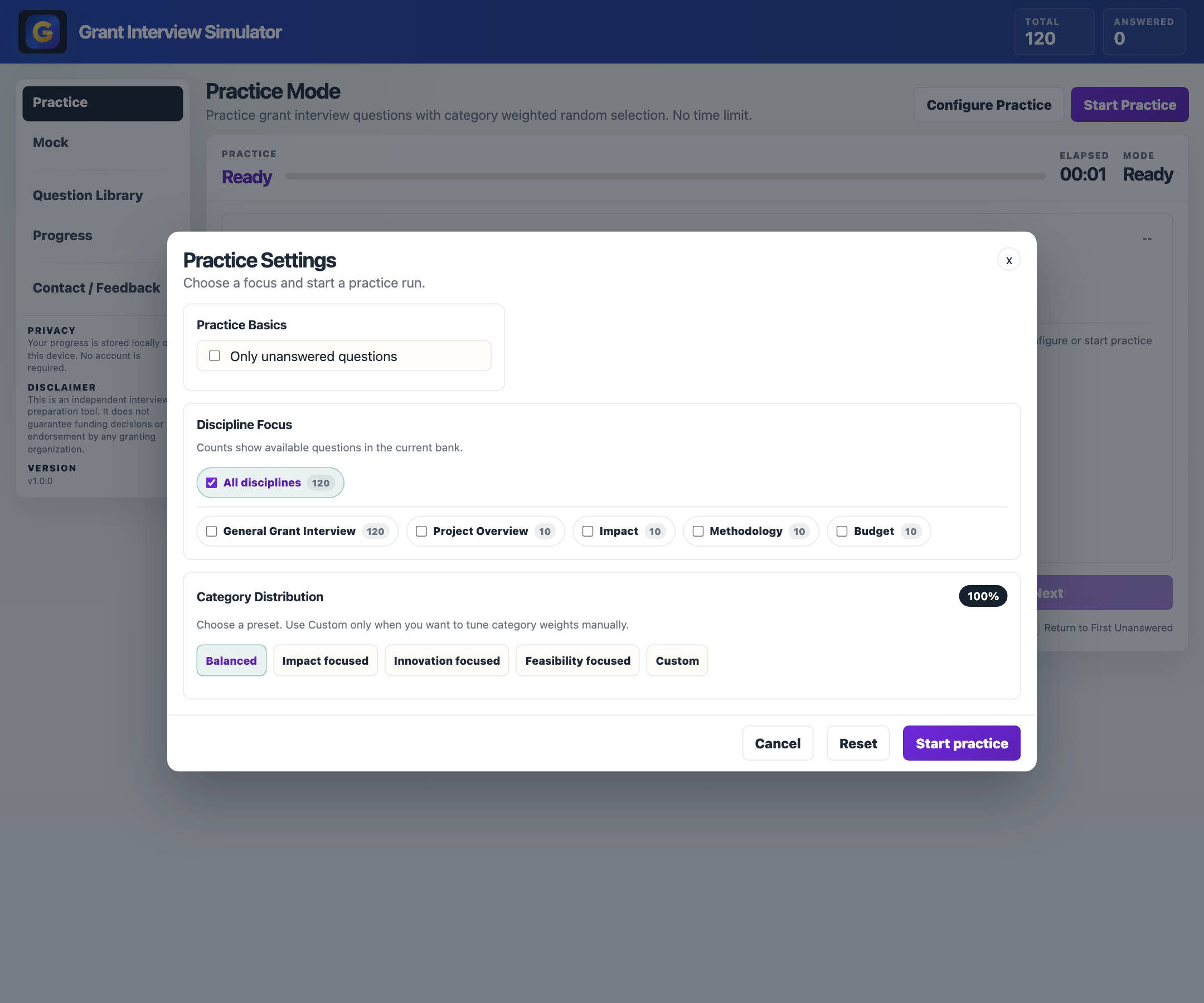 Grant Interview Simulator practice mode showing a live funding interview question and answer guidance.