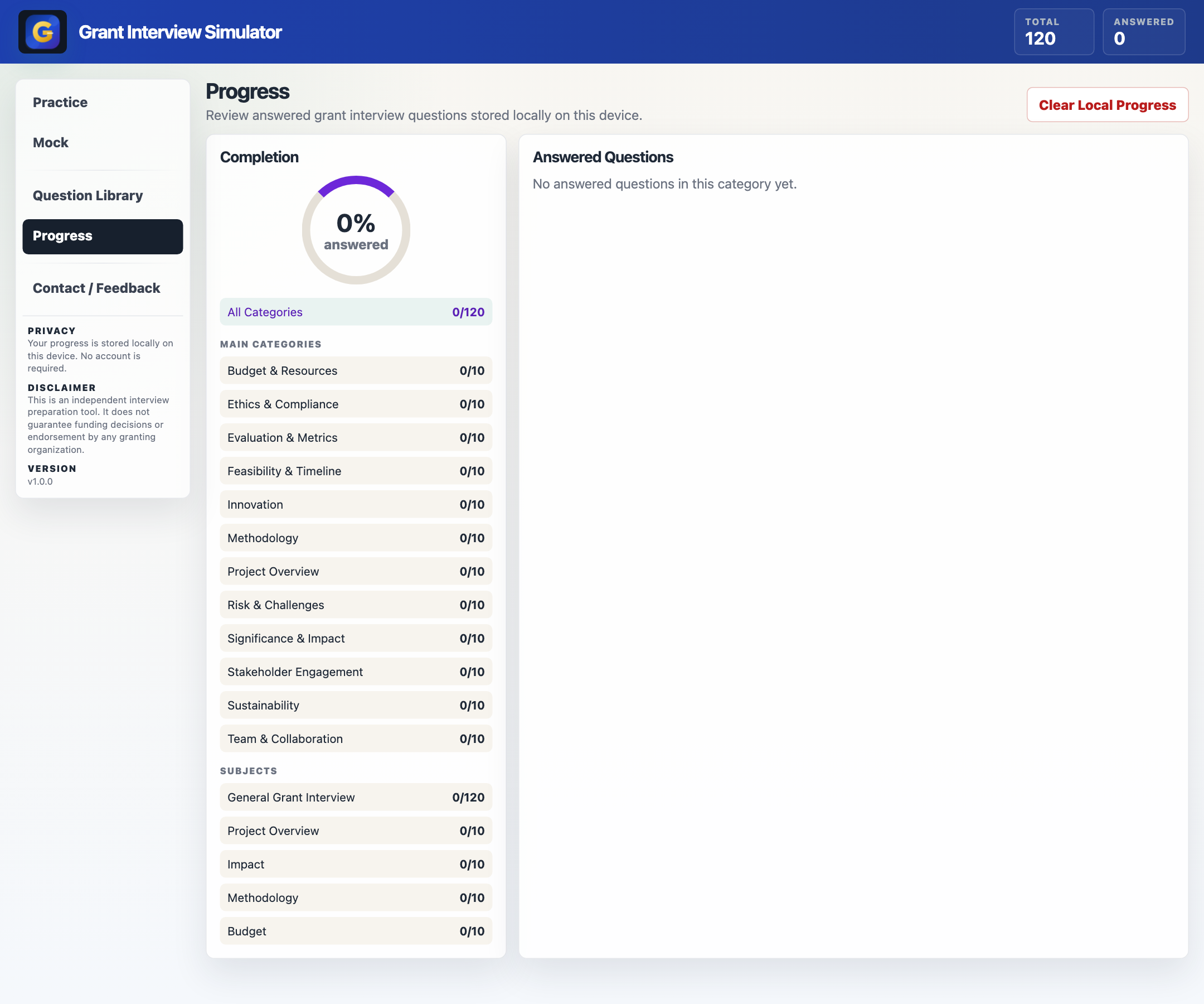 Grant Interview Simulator progress page showing answered questions and category completion.