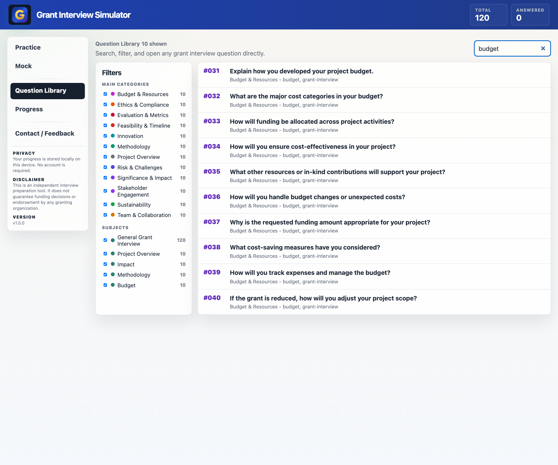 Grant Interview Simulator question library filtered to budget questions.